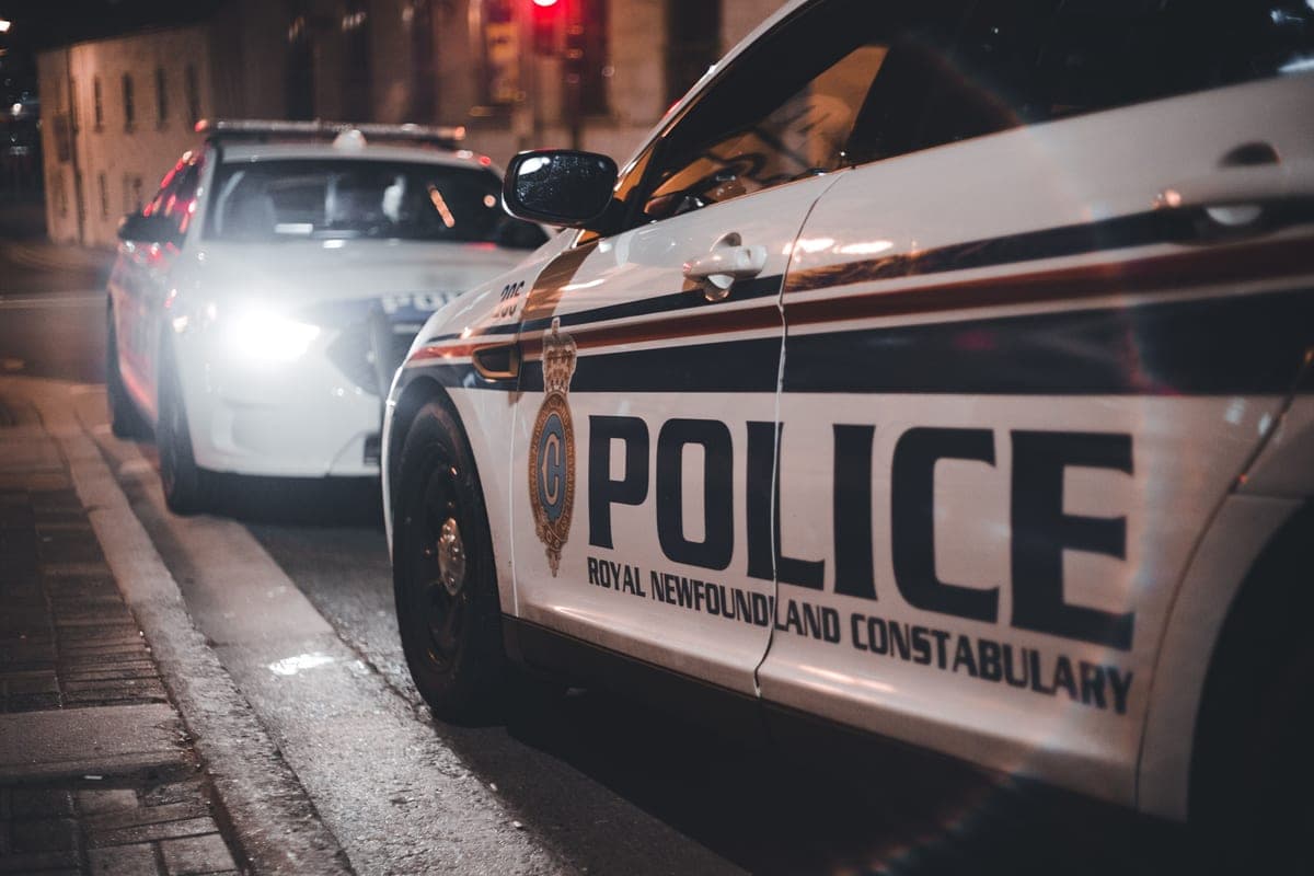The flashing lights of a police vehicle on a road at night