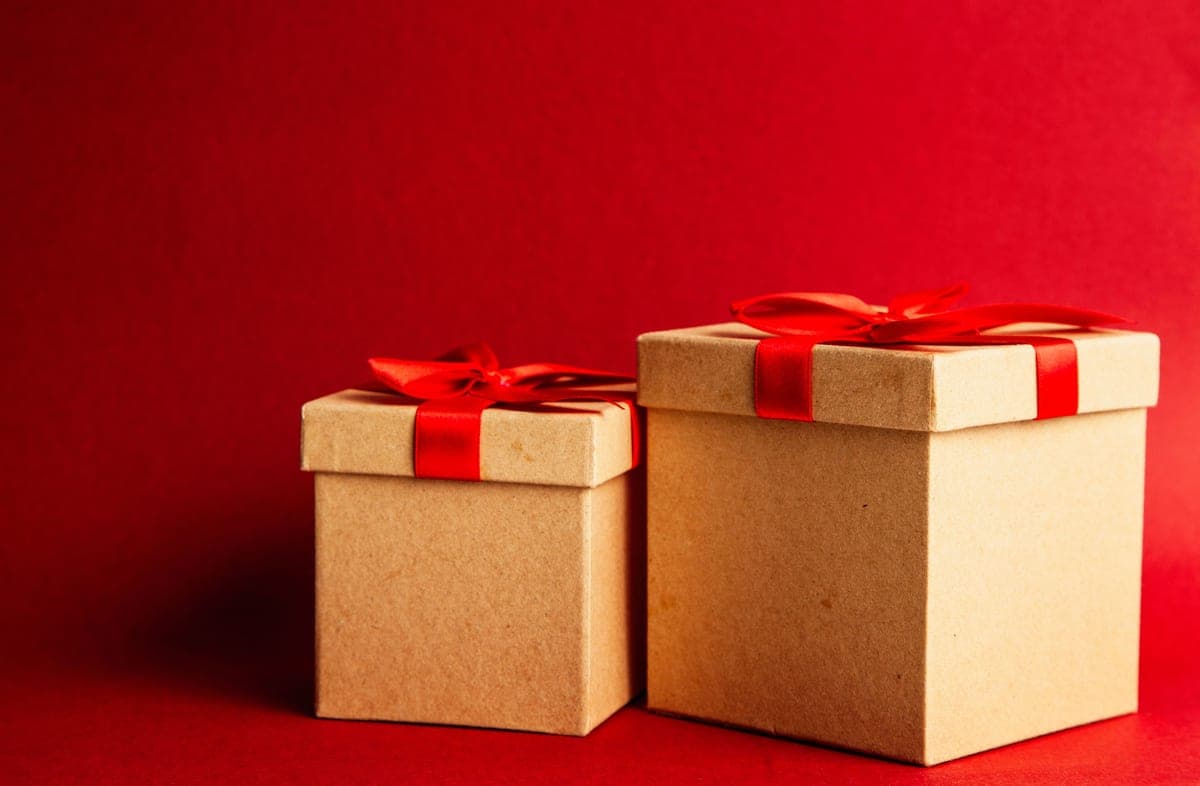 A wrapped gift box tied with ribbon