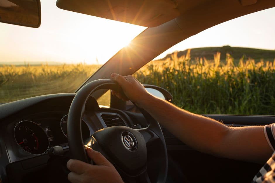 Low sun shining directly through a car windshield