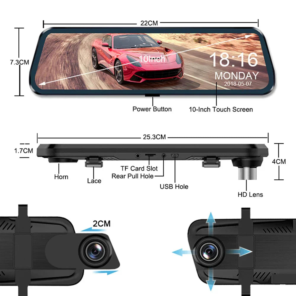 Mirror Camera for Car 10 Inch Touch Screen Video Recorder Rearview mirror Dash Cam Front and Rear Camera Mirror DVR Black Box