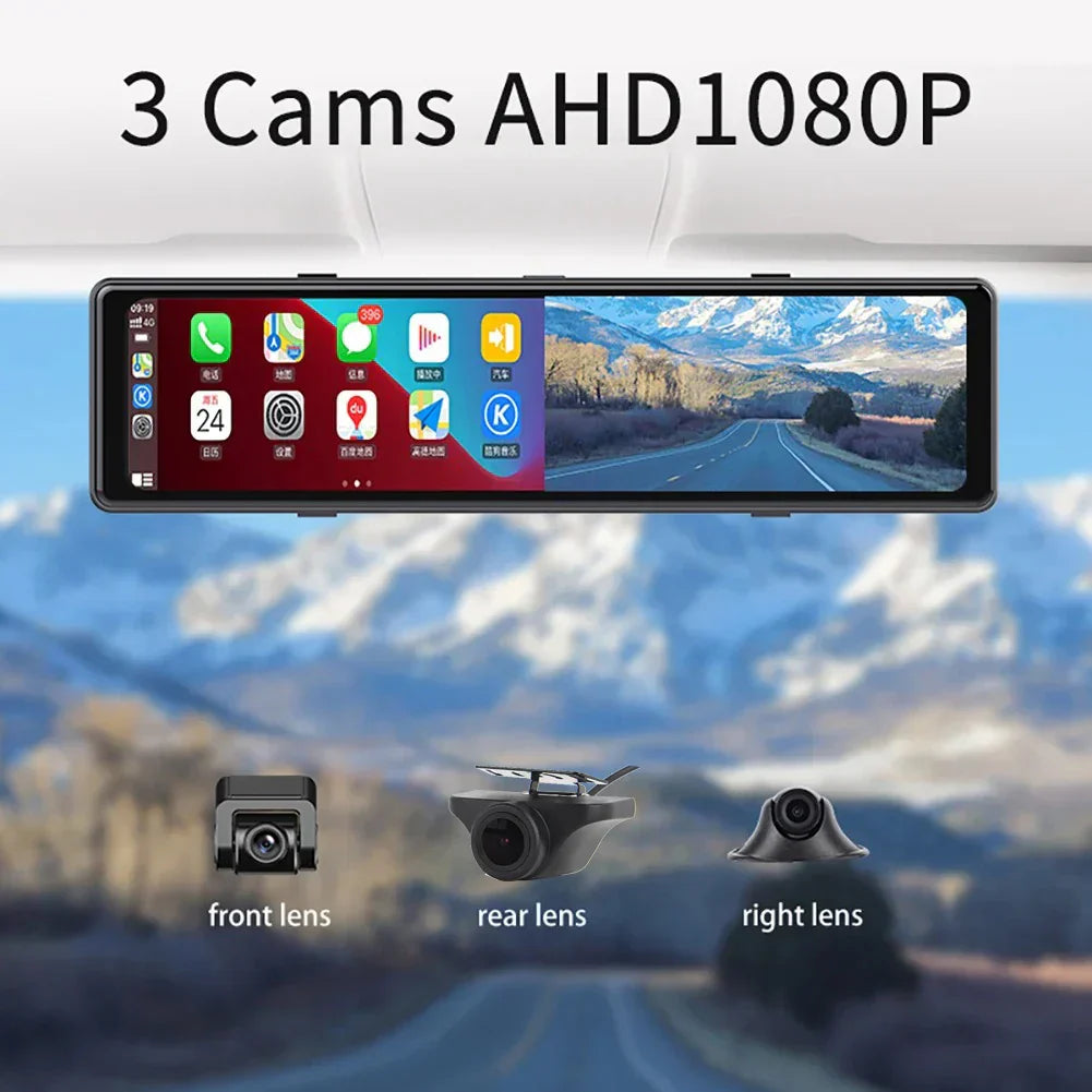 3 Cameras Dash Cam 1080P Car Mirror Video Recording Carplay & Android Auto Wireless Connection WiFi Miracast GPS Navigation DVRs